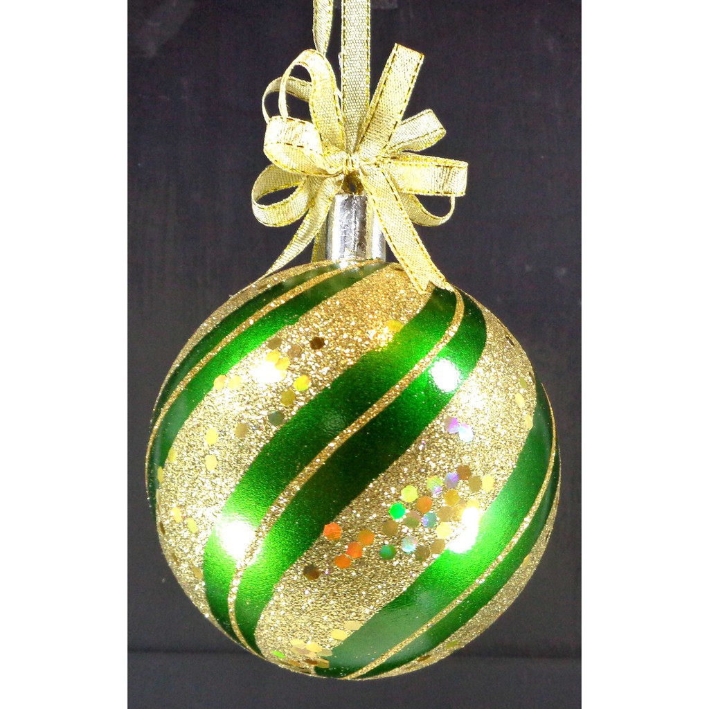 Set of 6pc Plastic Christmas Ornaments with Glitter Design and Organza Ribbon for Xmas Tree Hanging