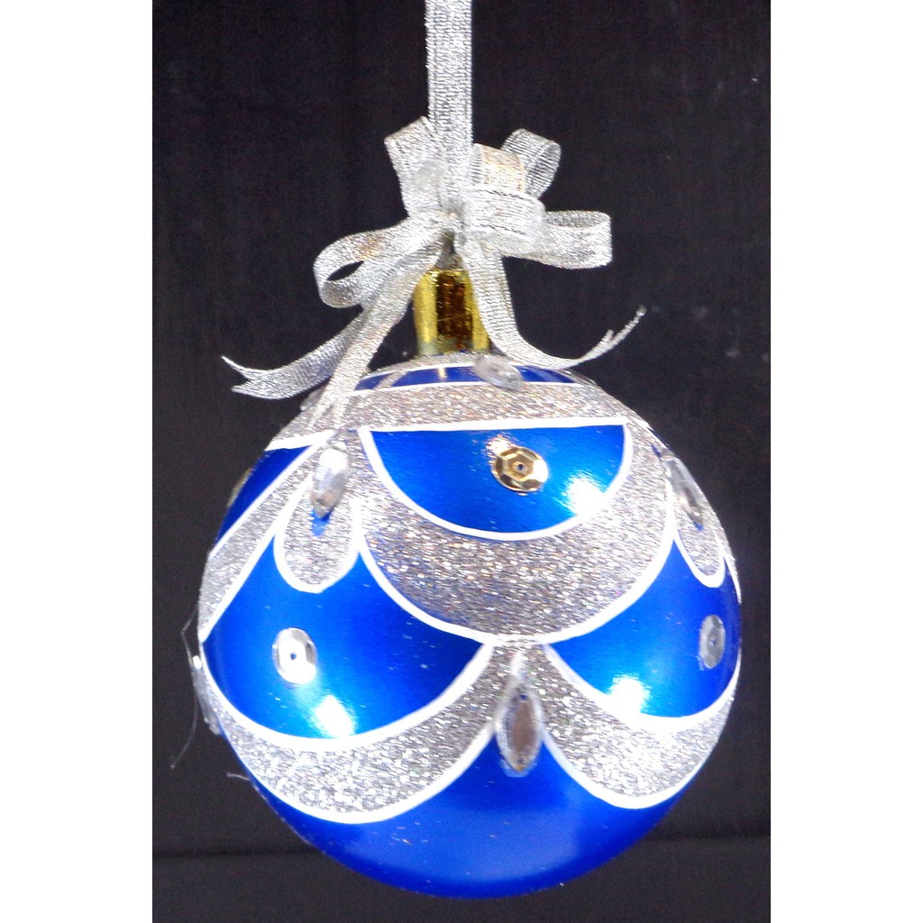 Set of 6pc Plastic Christmas Ornaments with Glitter Design and Organza Ribbon for Xmas Tree Hanging