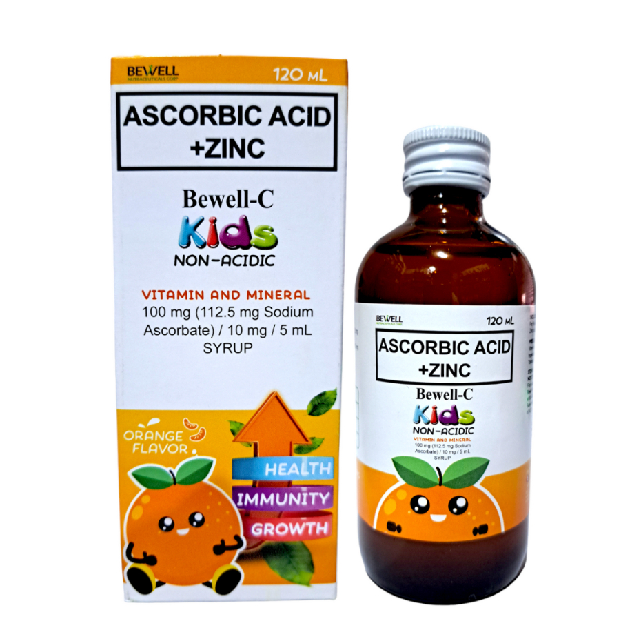 Bewell C Vitamins for Kids Non Acidic Vitamin C with Zinc Orange Flavor Syrup 120ml Bottle