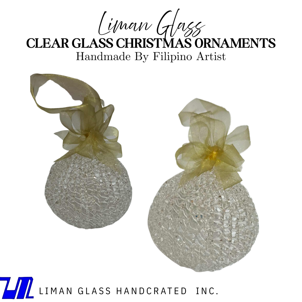 Set of 6 Pcs Clear Glass with Gold Ribbon Christmas Ornaments Handmade By Filipino Artist